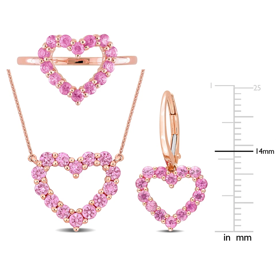 Juego de collar, aretes y anillos con corazón de zafiro rosa de oro rosa de 10 quilates Amour Foto 3 de 4