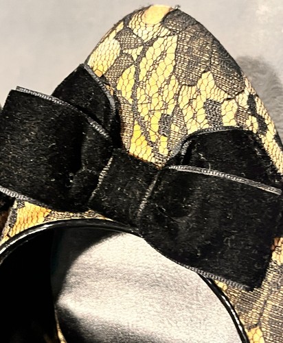 Fioni Black Floral Lace Gold Black Bow Pumps Womans High Heels Shoes 8.5 - Picture 7 of 19