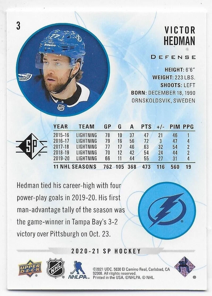 2020-21 SP Blue #3 Victor Hedman - Tampa Bay Lightning - Image 2 of 2