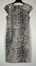 TALBOTS Dress Womens 10 Black Beige Leopard A-Line Midi Zip Short Cap Sleeves
