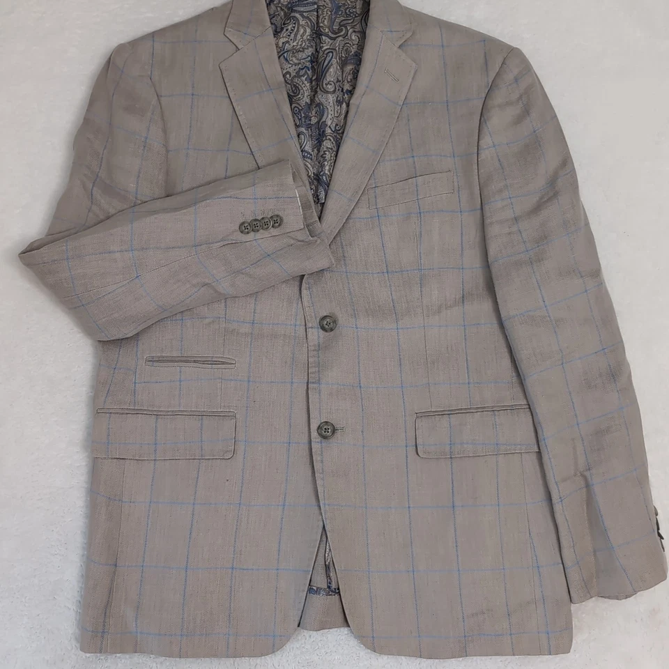 Abrigo Blazer Deportivo ALAN FLUSSER 100% Lino Para Hombres 42 R Gris Dos Botones Azul Cuadrado Foto 2 de 4