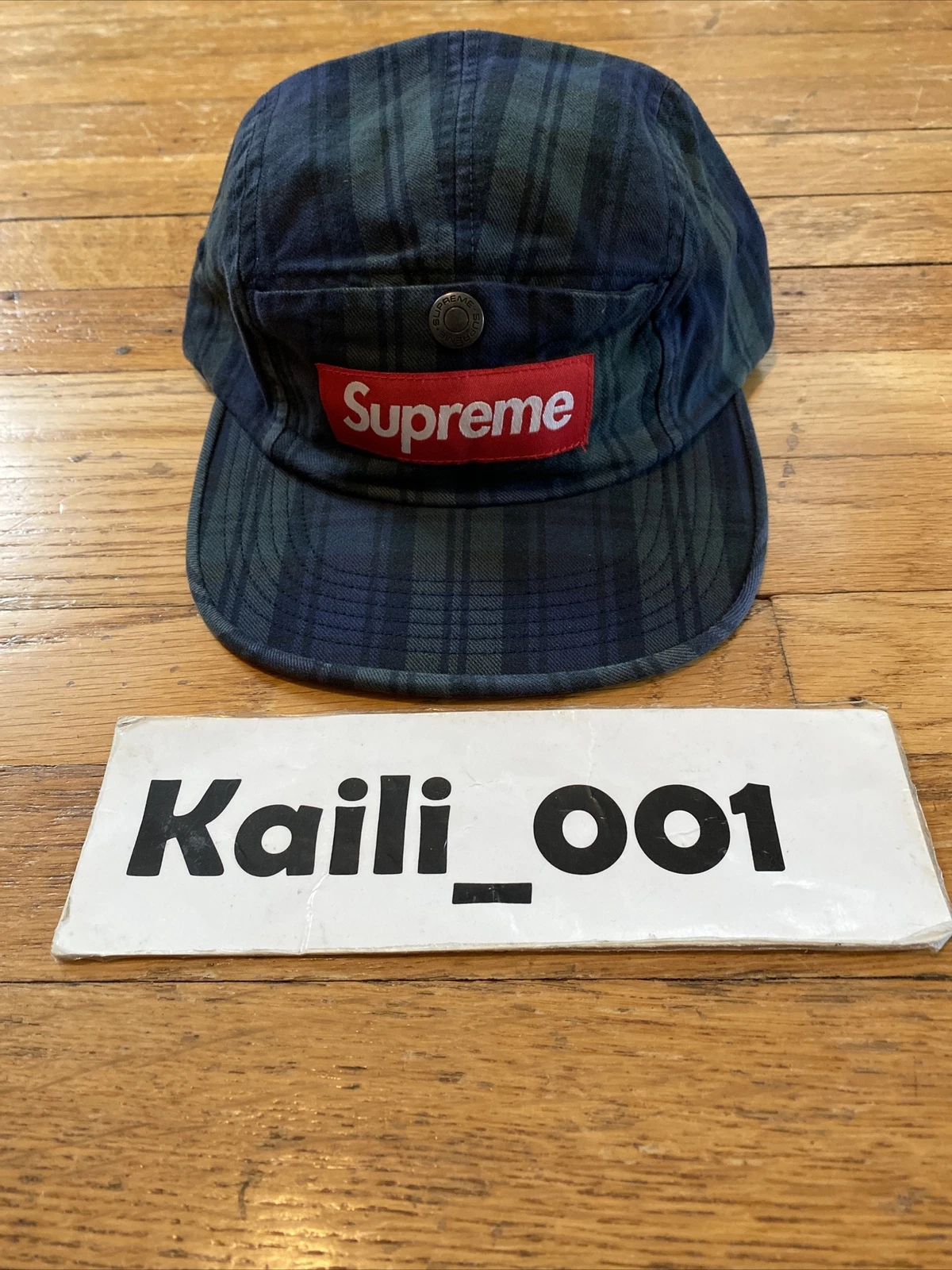 Casquette de camp de poche bouton Supreme FW18 chapeau montre noire plaid B