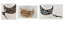 Leather Wrap Bracelet Crystal Rhodium - 3 Bracelets Brown Black Tan