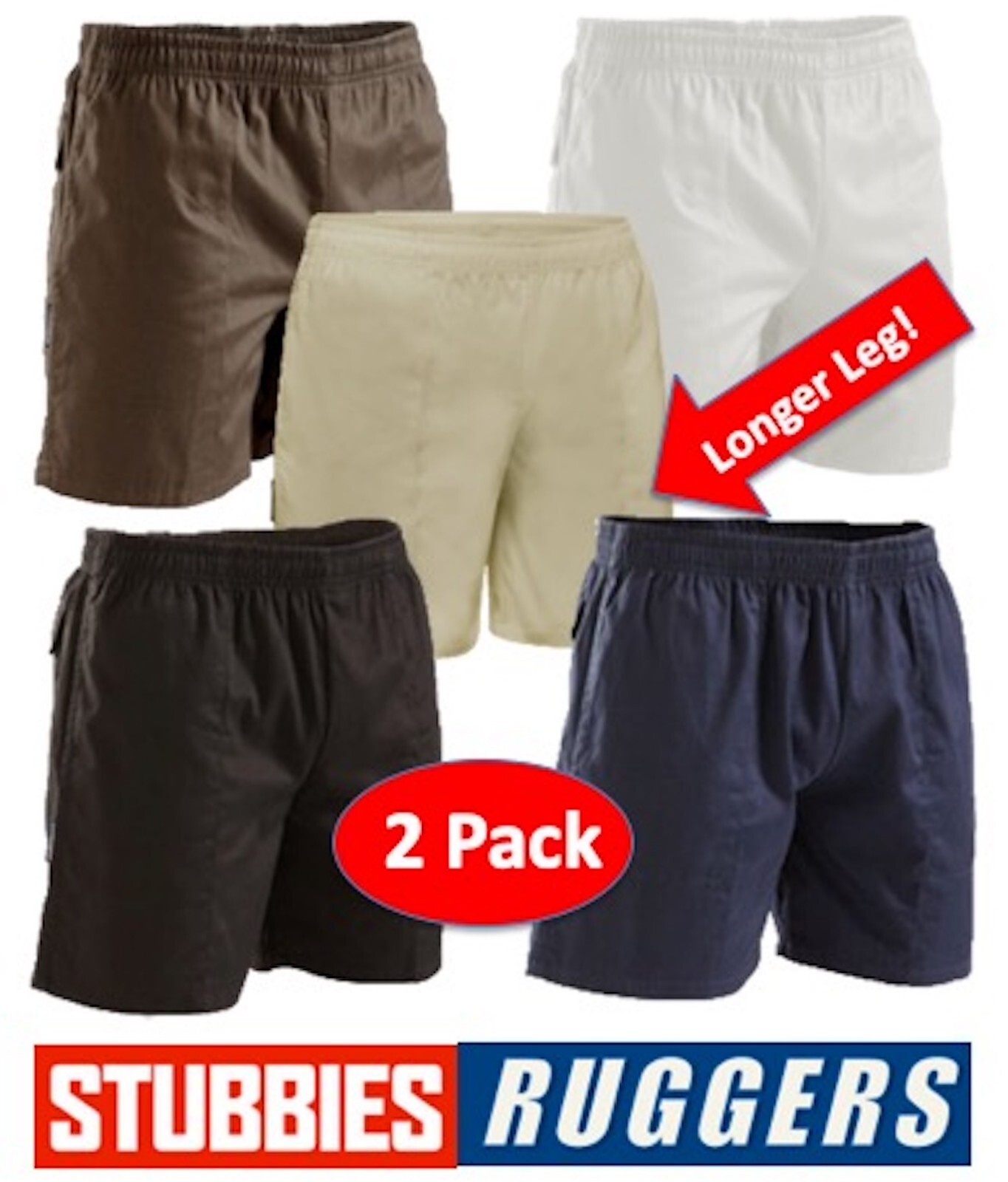 MENS 2 PACK GENUINE STUBBIES RUGGERS LONGER LEG DRILL WORK SHORTS