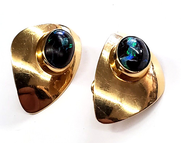 Vintage 14K Yellow Gold Black-Opal Clip-On Earrings