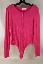 ELODIE Women's Long Sleeve Snap Crotch Ribbed Bodysuit-Pink-LG