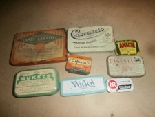 8 Vintage Tins Cascarets Laxative Midol Bukets Anacin McNess Nyal Pond's Tablets