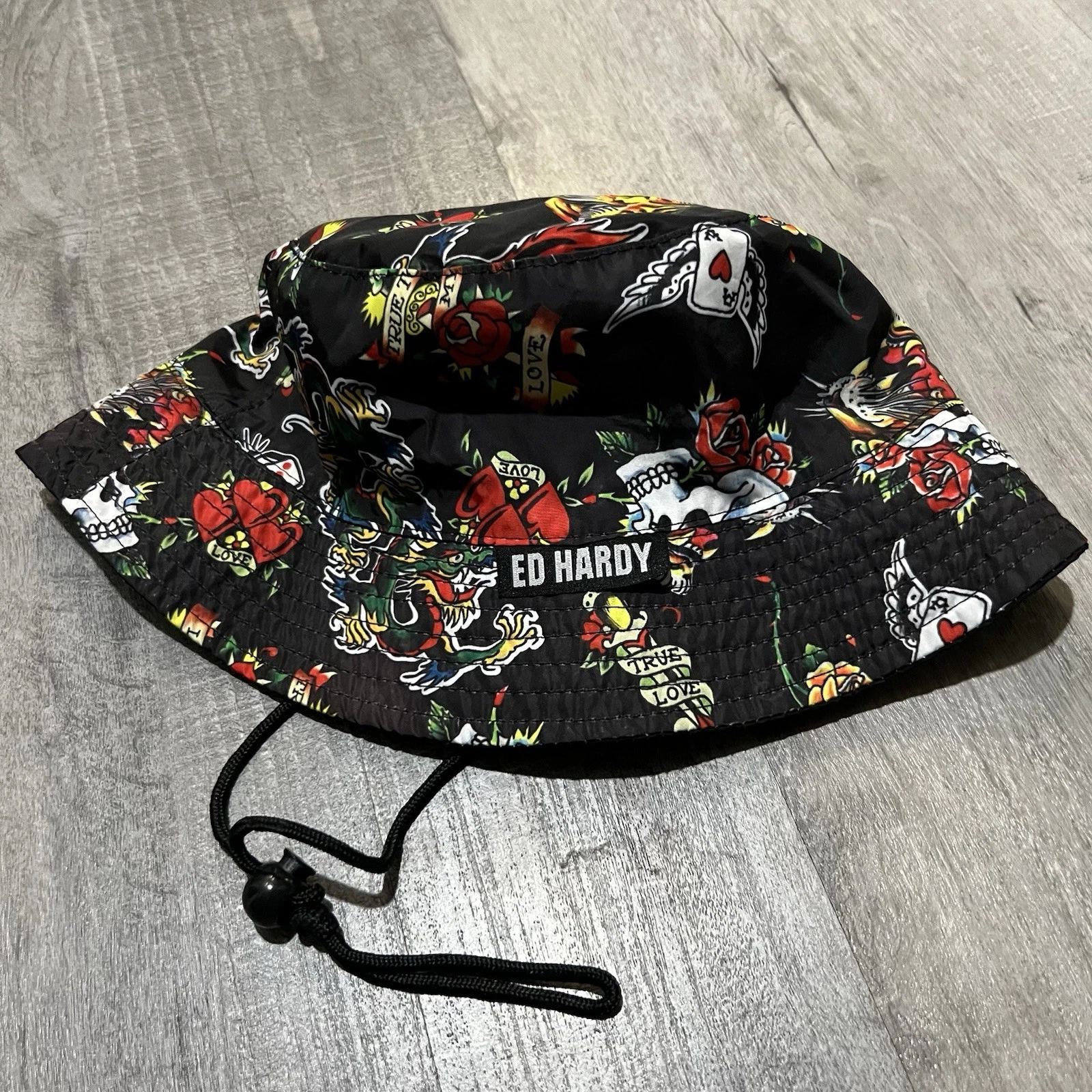 ED Hardy Bucket Hat (B23) Black Nylon "True Love" Dragon Ace Of Hearts
