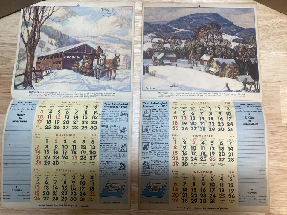 Calendarios de pared vintage de Navidad 1953 1954 Foto 2 de 4