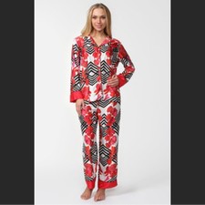 Natori Black and Red Floral Geometric Satin Pajama Set Long Sleeve Pants Medium
