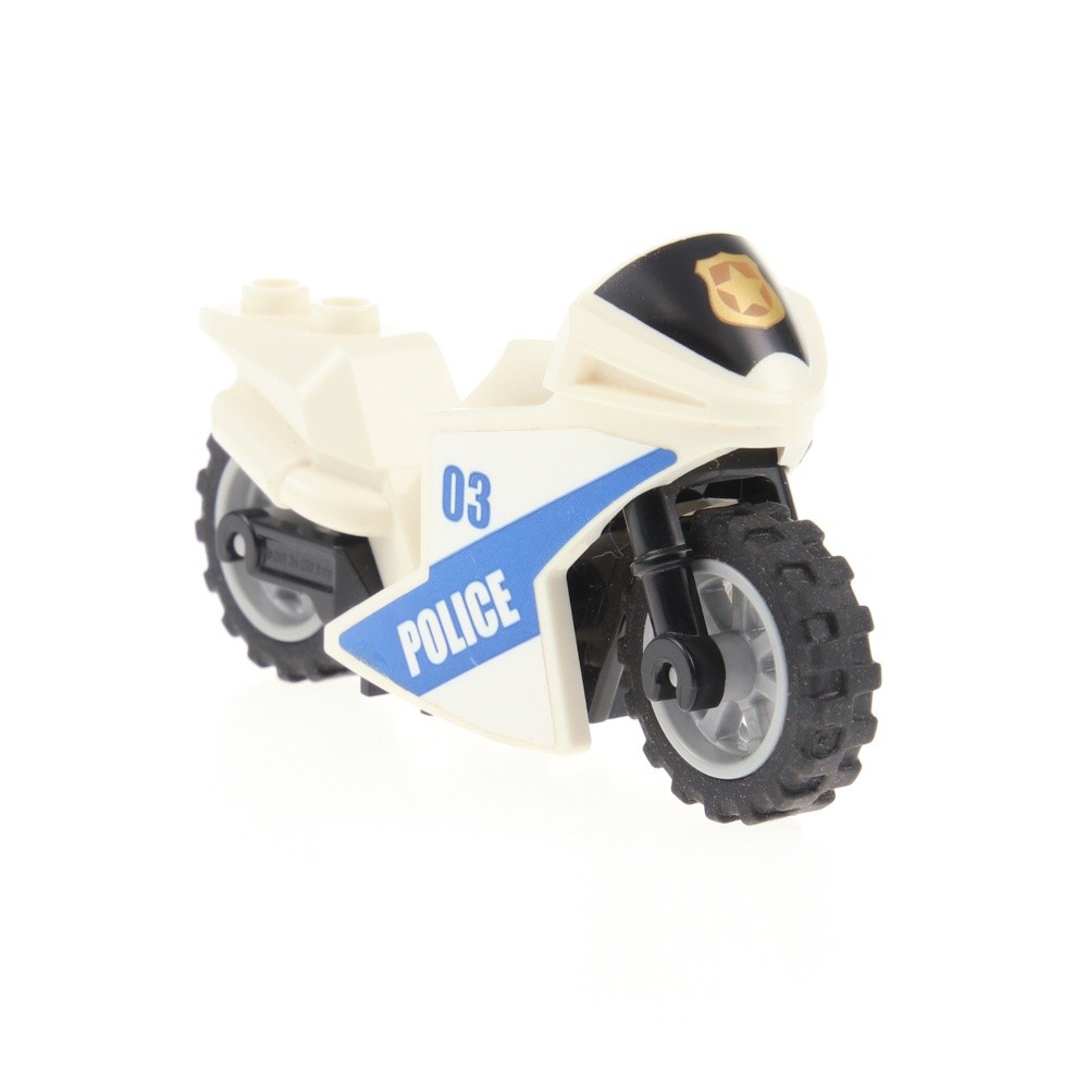 1x Lego Motorcycle Sport White Police 03 Blue Wheels Gray Chassis 18895C02PB03