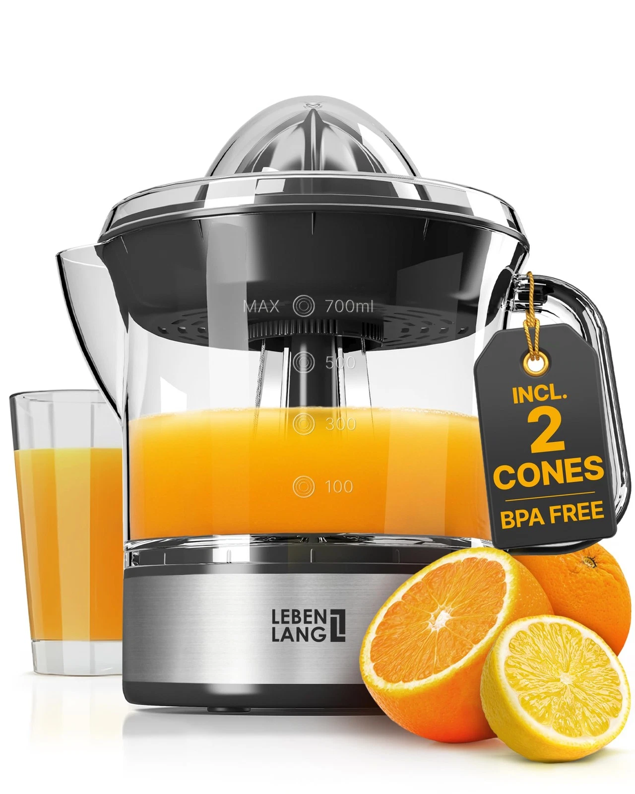 LEBENLANG Orange Juicer Electric 2 cones & BPAfree I High juice yield & Larg...