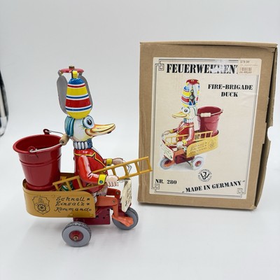 Fire Brigade Duck Tin Toy Germany Wilesco #280 Blechspielzeug Windup Works Boxed
