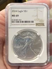 2024 NGC MS69 AMERICAN SILVER EAGLE ~ BROWN LABEL ~ 1 TOZ .999 SILVER; NICE DET.