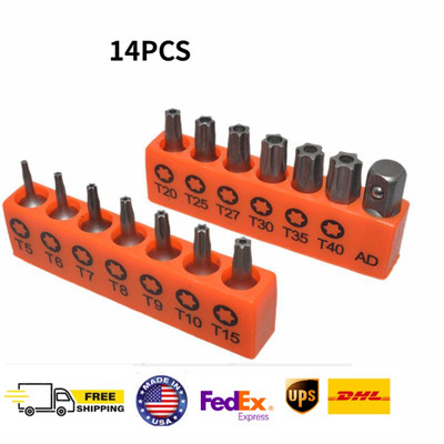 14PC Torx Hex Bit Set Security Tamper Proof Torq Star Resistant S2 SteelT5 -T40