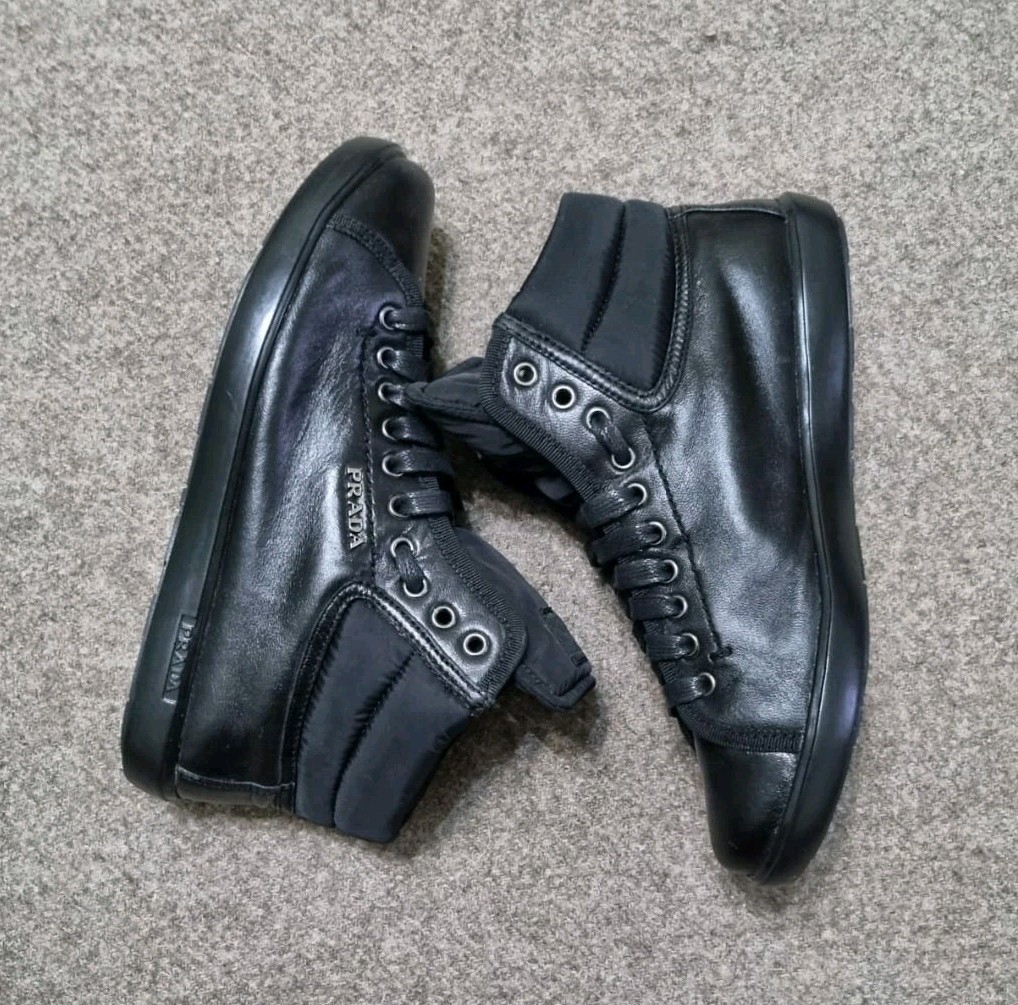 ​PRADA Milano Women Shoes Black Re-Nylon Polished Leather High Top Sneakers Sz 8 thumbnail 5