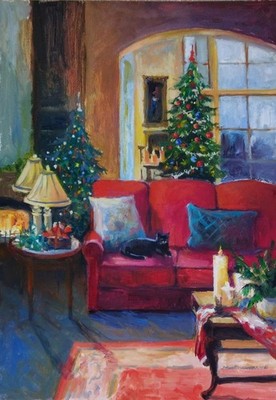 Cozy Christmas Eve Interior With Cat Original Oil  Painting Holiday Tree Art