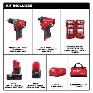 Milwaukee M12 FUEL 12V Kit de pilote d'impact de forage sans brosse 45Pc Jeu de bits