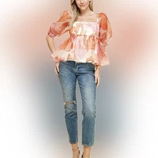 NWT TCEC Boutique Babydoll Puffy Sleeves Zip Back Lined Top Size Large