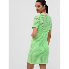 Gap Crochet Mini Dress Knit Lime Green Short Sleeve 100% Cotton Size S