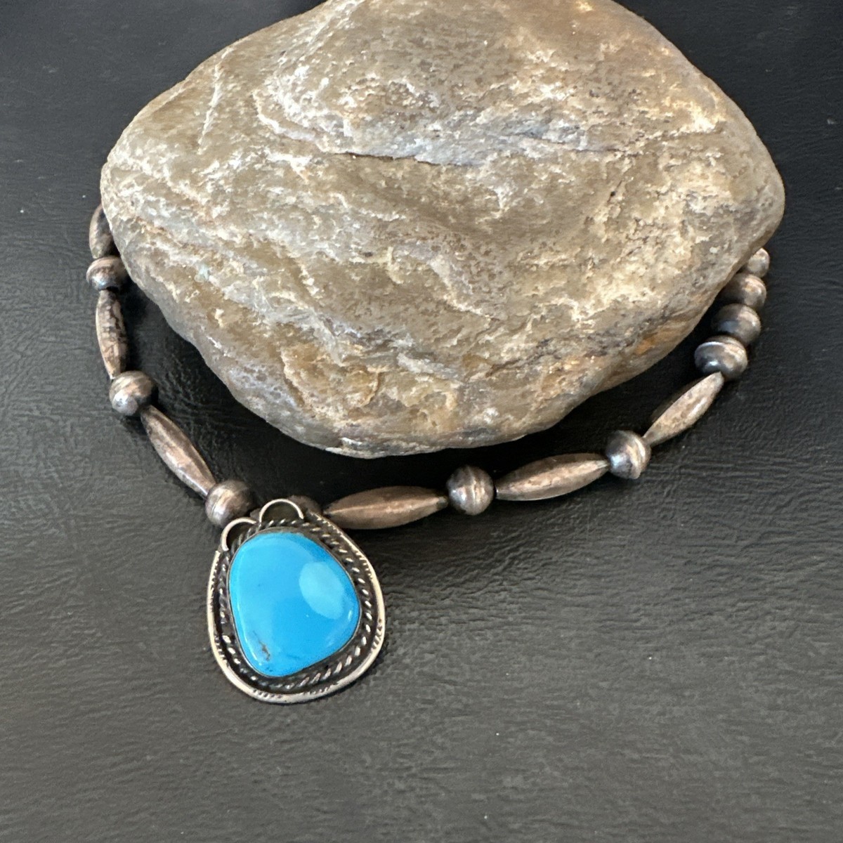 Old Pawn Blue Turquoise Pendant Bench Navajo Sterling Silver Necklace 15” 19918 View 6