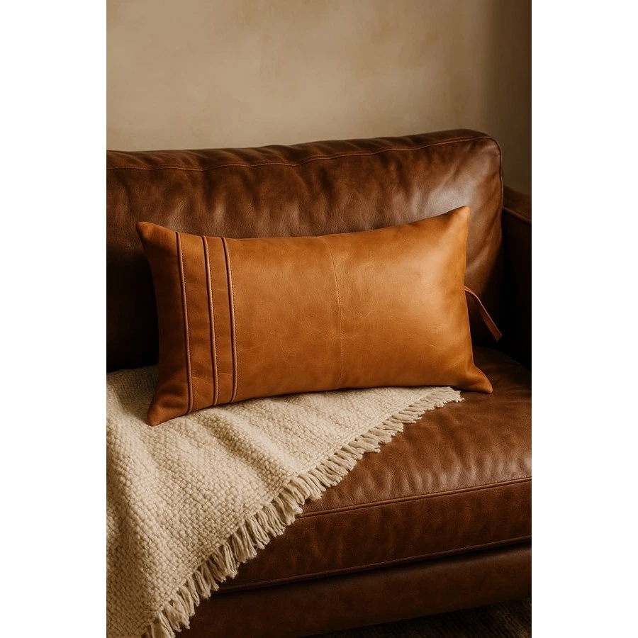 Rustic Tan Leather Lumbar Pillow Artisan Handmade Boho Accent Cushion Cover - Image 3 of 4