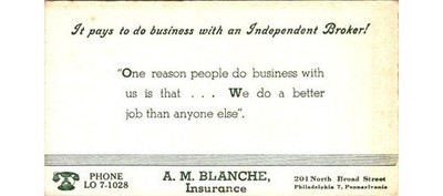 A.M. Blanche Insurance Blotter Philadelphia PA 1940s/50s Broad Street Broker