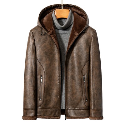 Mens Winter Hooded Real Leather Coat Short Outwear Warm Lined Zipper Overcoat sz