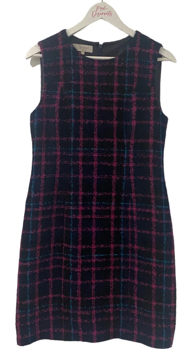 HOBBS Navy Blue Pink Boucle Wool Mohair Alpaca Shift Dress UK 12