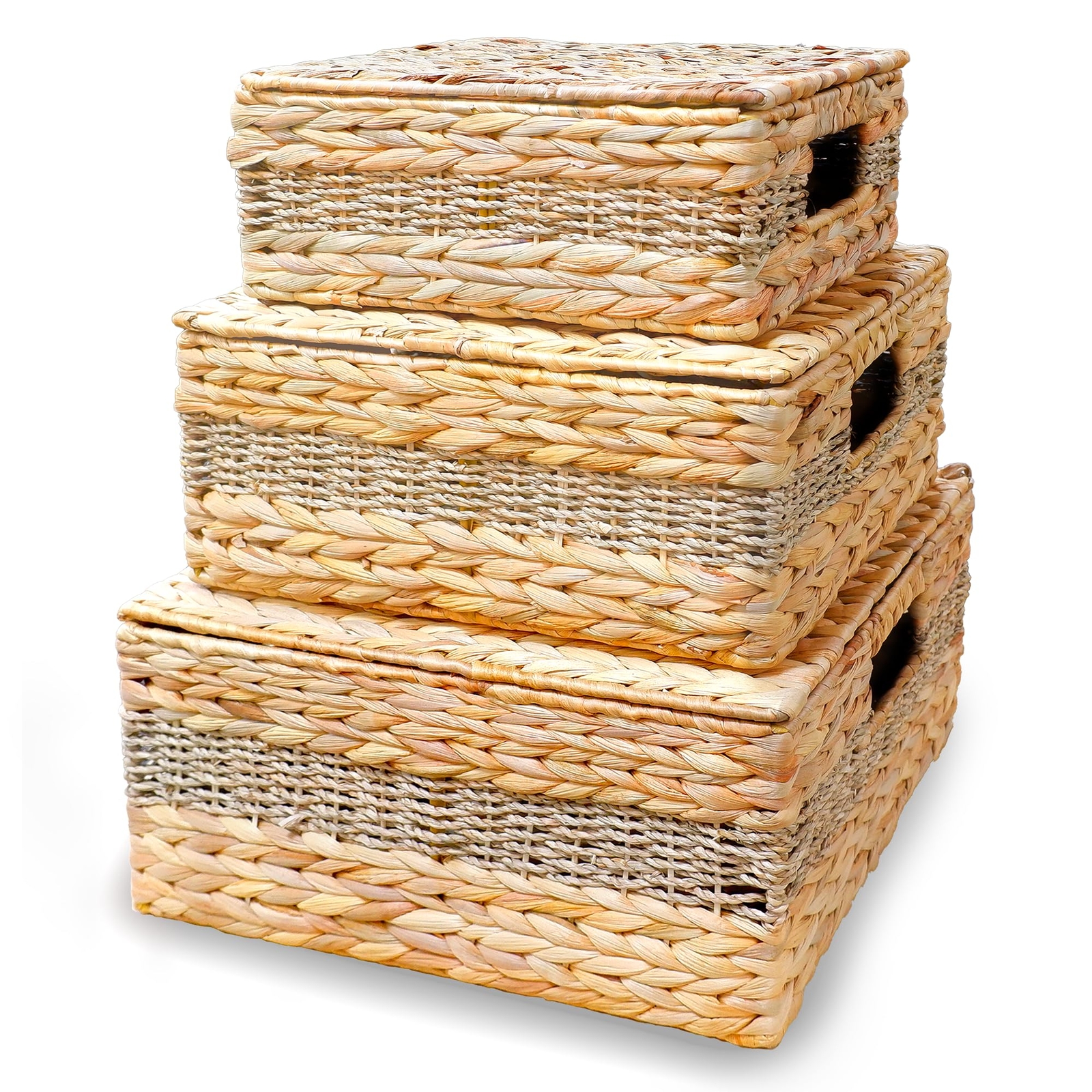 Set of 3 Water Hyacinth Wicker Storage Baskets with Lids-image