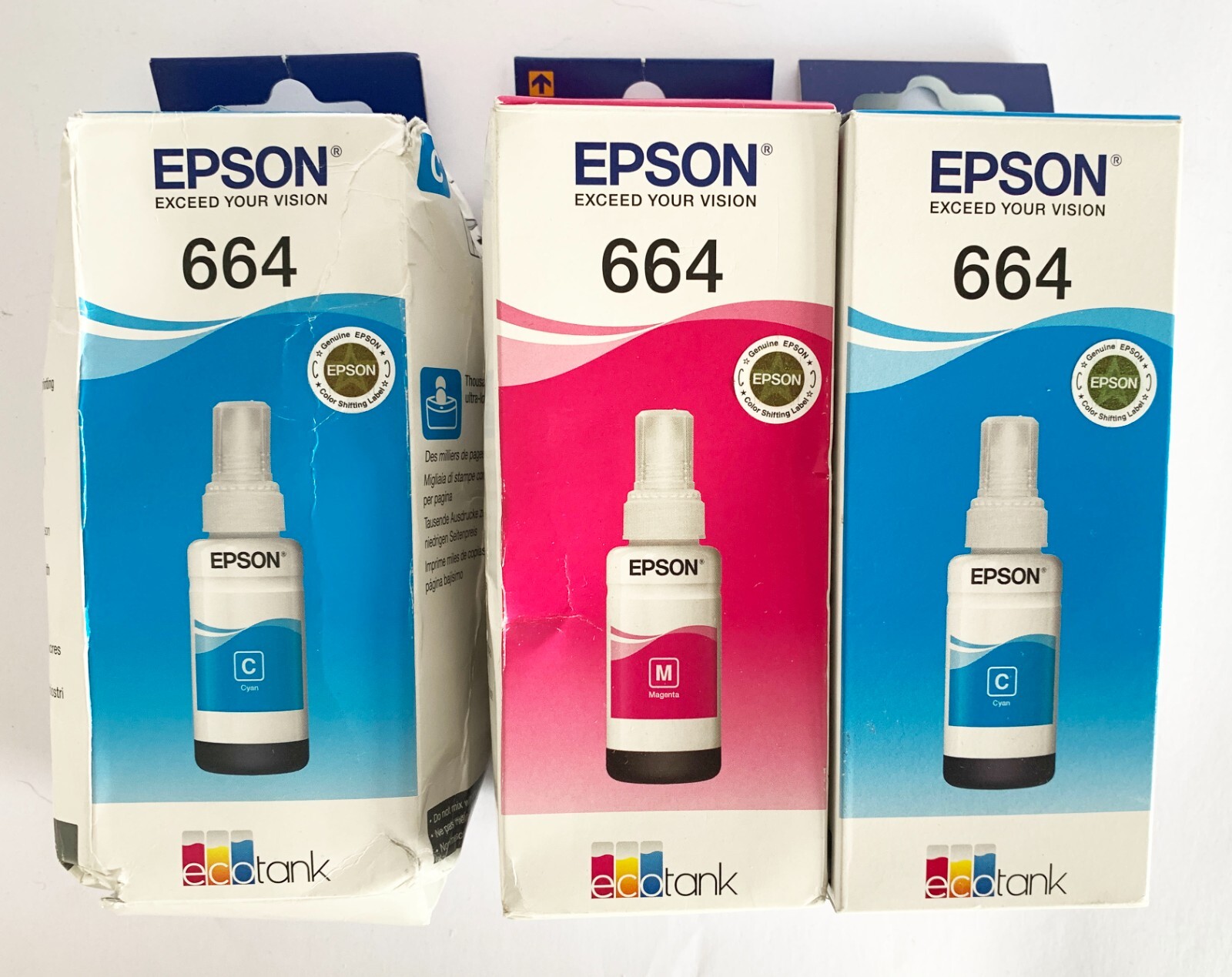 3 x Genuine Epson EcoTank 664 Ink Bottles Cyan Magenta Expiry 2023