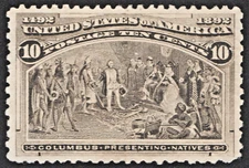 US Sc# 237 *MINT NO GUM* { F/VF 10c PRESENTING NATIVES } NICE COLUMBIAN OF 1893