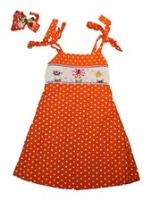 Girl Orange White Polka Dot Beach Smocked Dress Jumper Matching Bow Size 5/6