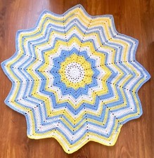 Crochet 12 POINT STAR Baby Blanket Afghan Wrap Blue Yellow White Striped 41"