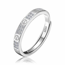 925 Sterling Silver Plain Promise Ring Adjustable Open Band Zircon Stackable