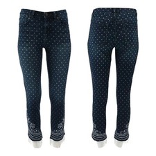 DG2 Diane Gilman Stretch Embroidered Denim Jeans Bead Fringe Indigo Dot 694-884