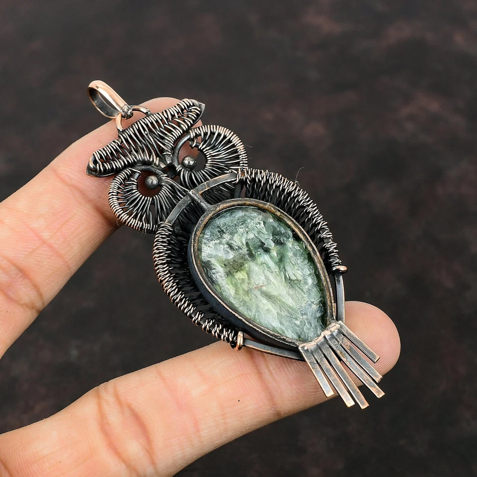 Colgante de búho envuelto en alambre regalo cobre piedras preciosas de serafinita 3,46" Foto 4 de 4