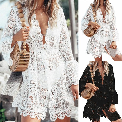 Boho Women Lace Bathing Suit Cover Up Beach Maxi Sundress Bikini Dress Summer ~ - Picture 1 of 14