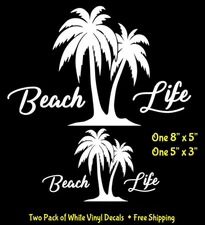Beach Life Palm Trees Two Pack White Vinyl Decals Car Laptop Tablet Window