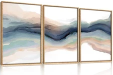 Blue Abstract Wall Art, Line 16"x24" Framed Art Set of 3, Modern Wave Canvas ...