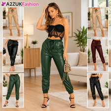 Women's PU PVC Faux Leather Jogging Joggers Ladies Cuffed Bottoms Pants Trousers