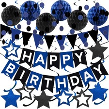 Black Blue Birthday Decorations, Black  Blue Happy Birthday Banner Honeycomb...