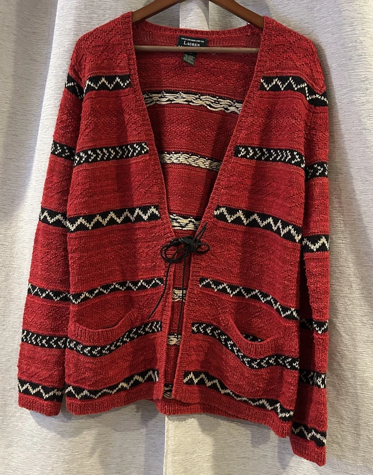 Cárdigan Lauren Ralph Lauren Tejido a Mano Suroeste Pequeño Rojo Corbata Lino Azteca Foto 2 de 4