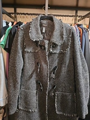 Style & Co. Women's Black Tweed Toggle Closure, Fringe Trim Pea Coat/ LARGE 