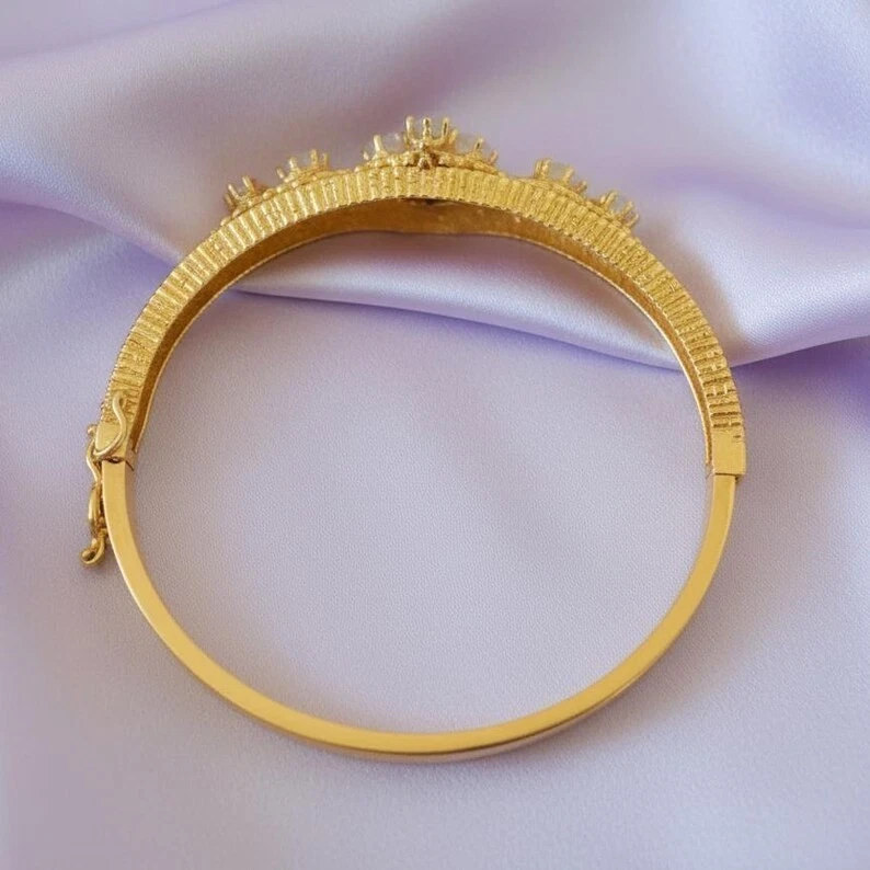 4Ct Oval Cut Lab-Created Fire Opal Womens Bangle Bracelet 14K Yellow Gold Plated - Image 3 of 4