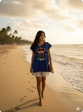 Embroidered Blue Tunic Top Mexican design, 100 handmade Mexican, Size M