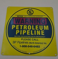 BP Petroleum Pipeline Sign Vintage 12" Yellow Warning Oil Gas Metal Decor 2sided