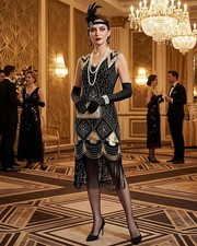 Deluxe Flapper Dress Accessories Set Costume Gatsby 1920s Harlem Nights Sz M
