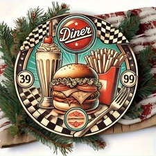 2D Flat, 2D Flat Retro Burger Fries Ice Cream Round Aluminum Sign 7.8Inch Durabl