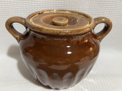 Vtg. 2-Handled Brown Ribbed Crock Bean Pot